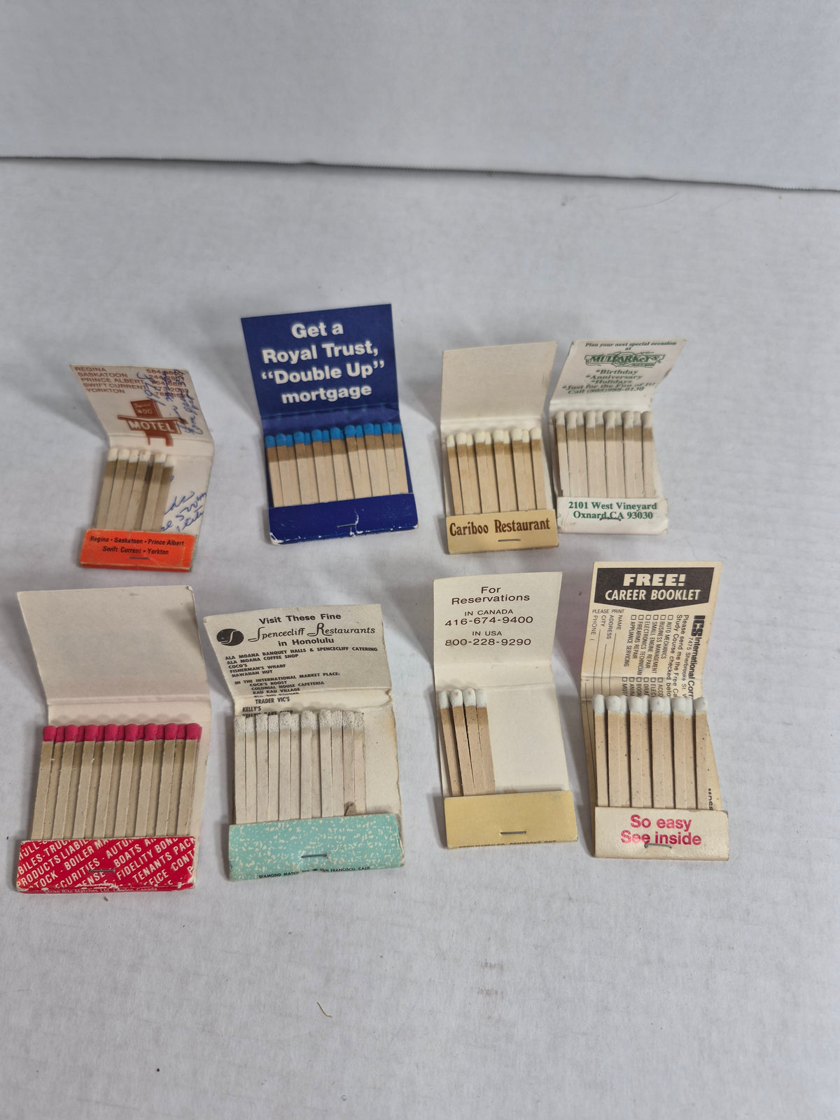Vintage Matchbooks Lot of 8 FULL Saskatchewan Imperial 400 Royal Trust Cariboo Prince George Fisherman's Wharf Honolulu Marriott ICS