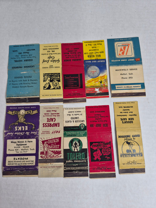 Vintage Matchbook Covers, Lot of 10 – Saskatchewan Cafes & Hotels: Ozark Hotel Melfort, Canora Diner, Empress Cafe Nipawin, Dunlop Golf Yorkton, B.P.O.E. Elks