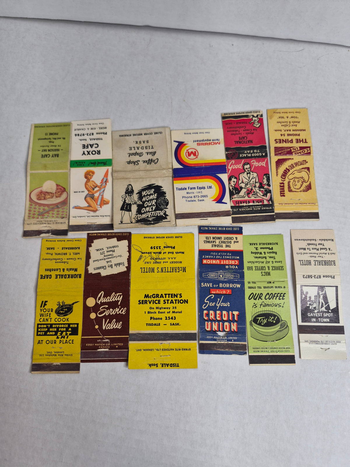Vintage Matchbook Covers, Lot of 12 – Tisdale, Bjorkdale & Hudson Bay, Saskatchewan: Roxy Cafe Pin-Up, National Cafe, McGratten's Motel, Morris Farm Equipment