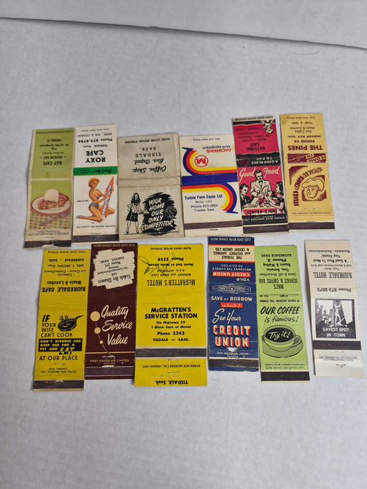 Vintage Matchbook Covers, Lot of 12 – Tisdale, Bjorkdale & Hudson Bay, Saskatchewan: Roxy Cafe Pin-Up, National Cafe, McGratten's Motel, Morris Farm Equipment