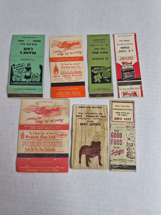 Vintage Matchbook Covers, Lot of 7 – All Saskatchewan: Frank's Cafe & Phil's Grill Regina, Prairie Gas Pair, Valley Cafe Fort Qu'Appelle, City Cafe Star City