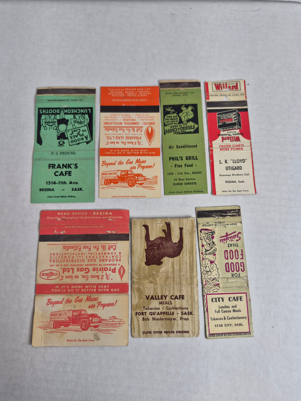 Vintage Matchbook Covers, Lot of 7 – All Saskatchewan: Frank's Cafe & Phil's Grill Regina, Prairie Gas Pair, Valley Cafe Fort Qu'Appelle, City Cafe Star City