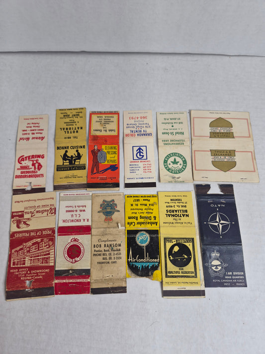 Vintage Matchbook Covers, Lot of 12 – RCAF NATO 1 Air Division Metz France, Thule Air Base Exchange, Western Furs Regina, Ambassador Cafe Moose Jaw