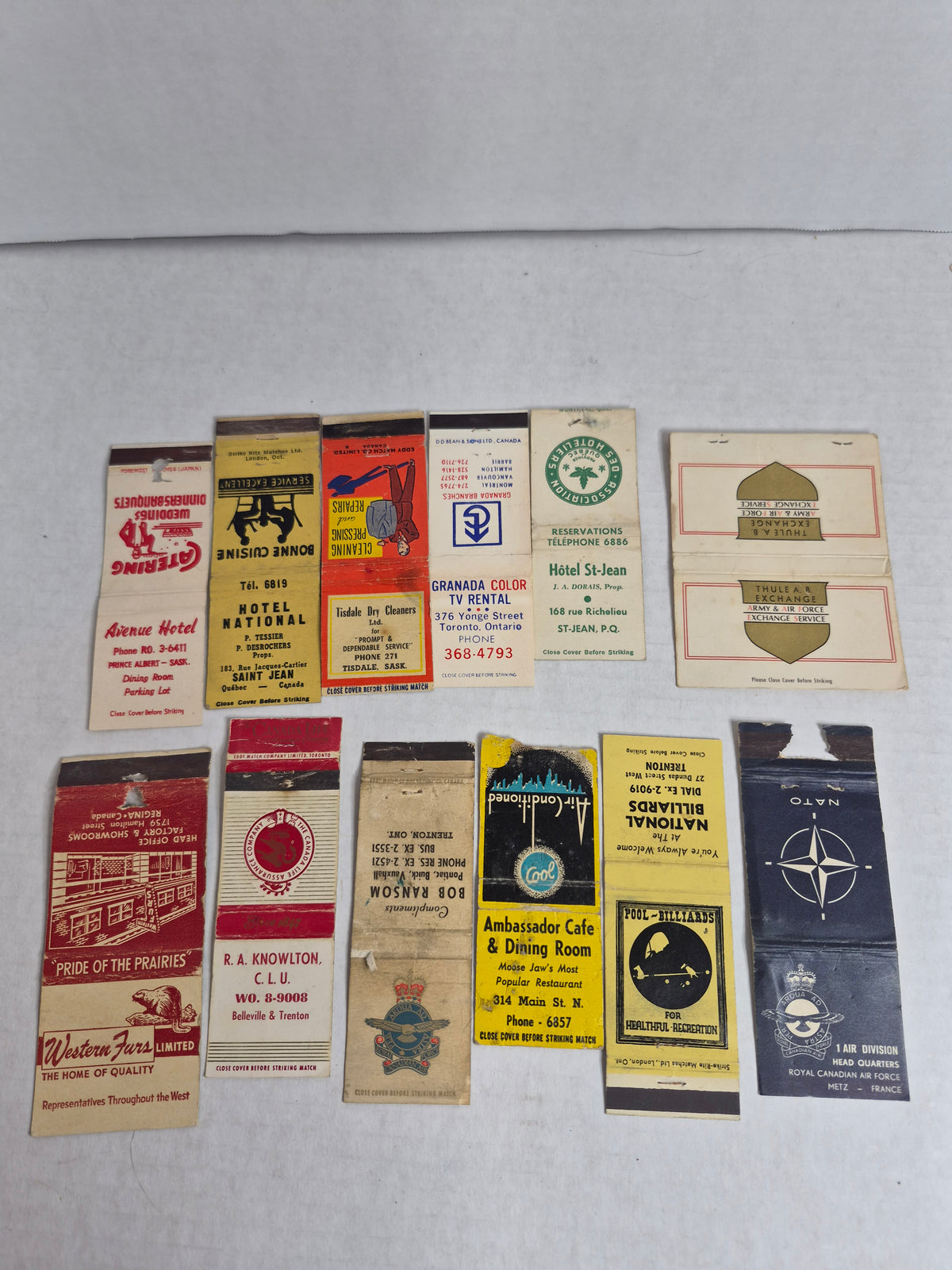 Vintage Matchbook Covers, Lot of 12 – RCAF NATO 1 Air Division Metz France, Thule Air Base Exchange, Western Furs Regina, Ambassador Cafe Moose Jaw
