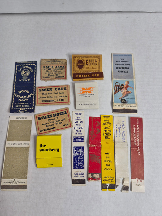 Vintage Matchbook Covers, Lot of 14 – Royal Canadian Navy HMCS Cornwallis, King's Hotel Regina, Wales Hotel Wetaskiwin, Swen Cafe Kinistino, Porcupine Plain Bowling