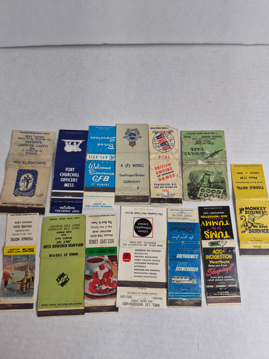 Vintage Matchbook Covers, Lot of 13 – RCAF & CFB Mess Covers, 1954 British Empire Games Vancouver, Tisdale Hotel Pair, Greyhound Scenicruiser, Tums
