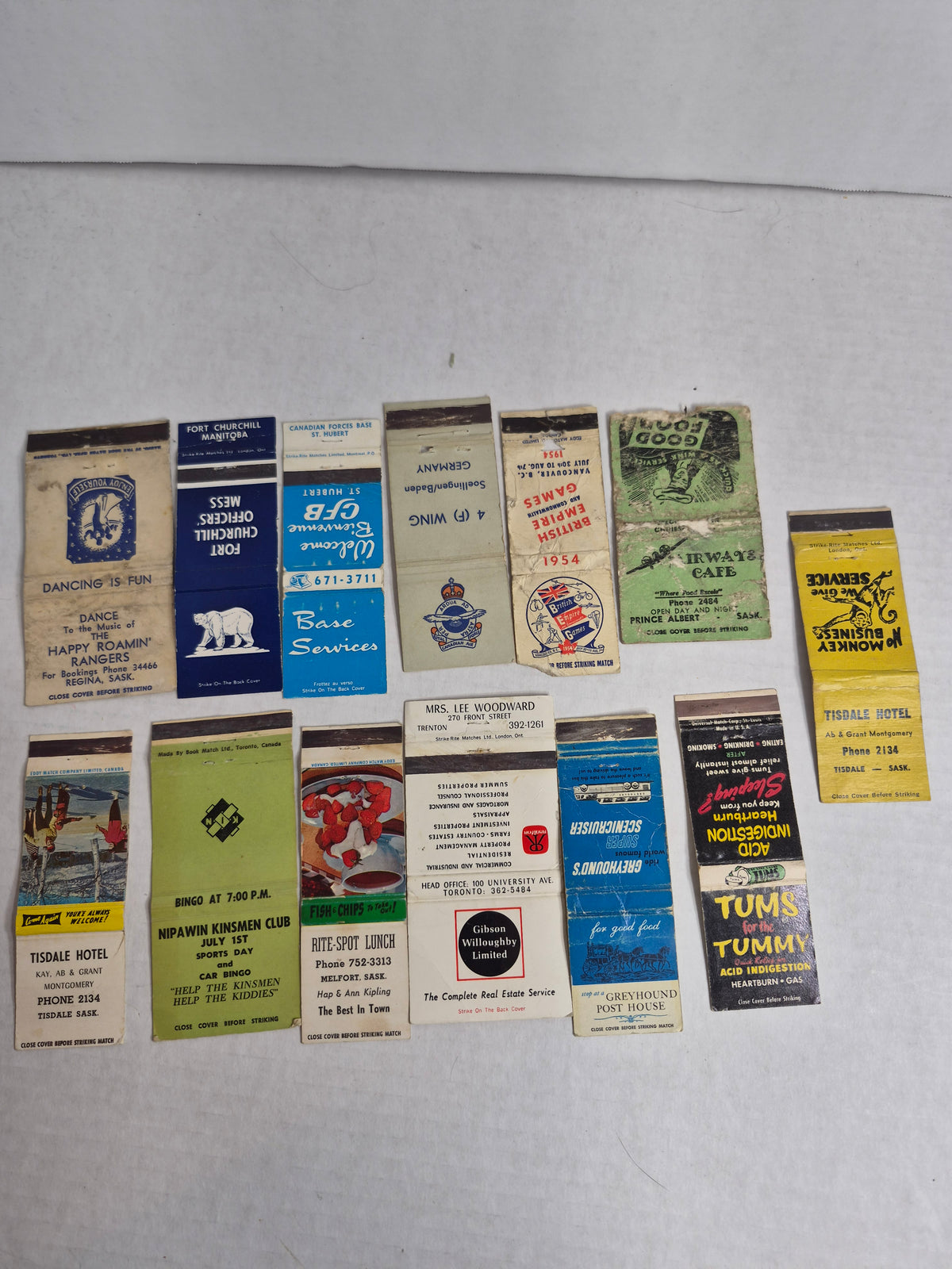 Vintage Matchbook Covers, Lot of 13 – RCAF & CFB Mess Covers, 1954 British Empire Games Vancouver, Tisdale Hotel Pair, Greyhound Scenicruiser, Tums
