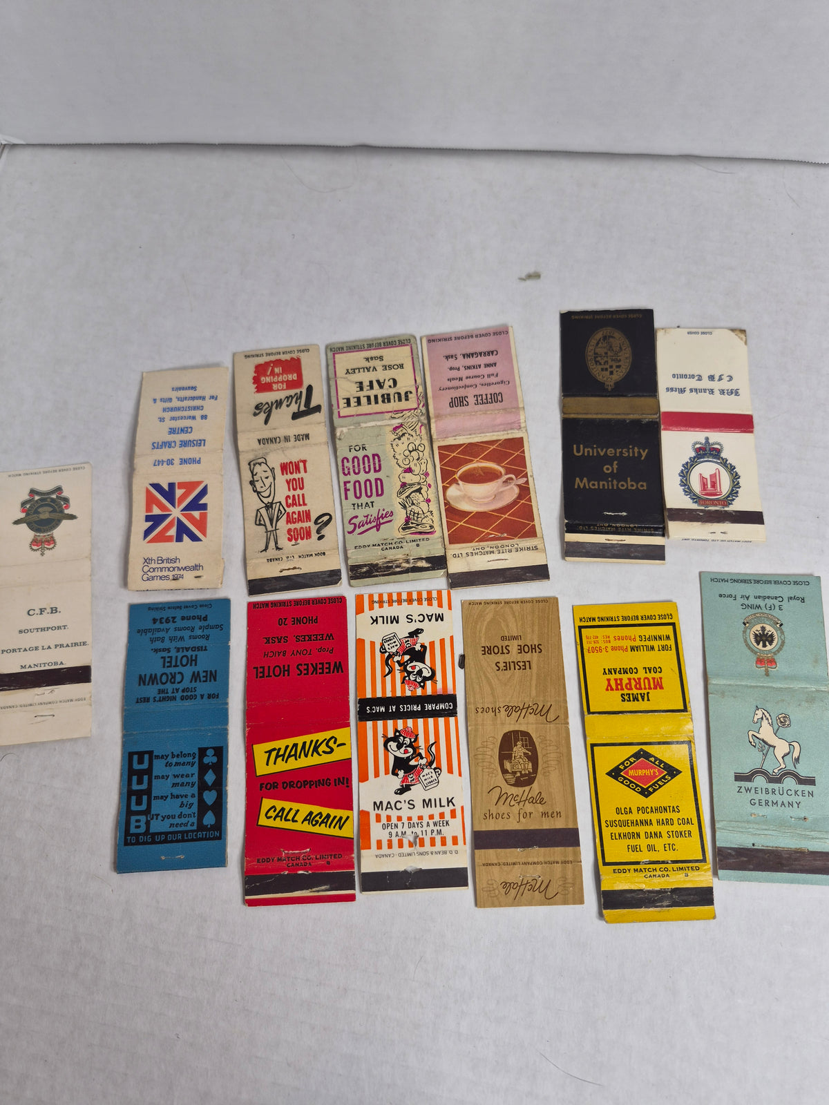 Vintage Matchbook Covers, Lot of 13 – Saskatchewan Hotels & Cafes, RCAF & CFB Military, University of Manitoba, Mac's Milk, 1974 Commonwealth Games