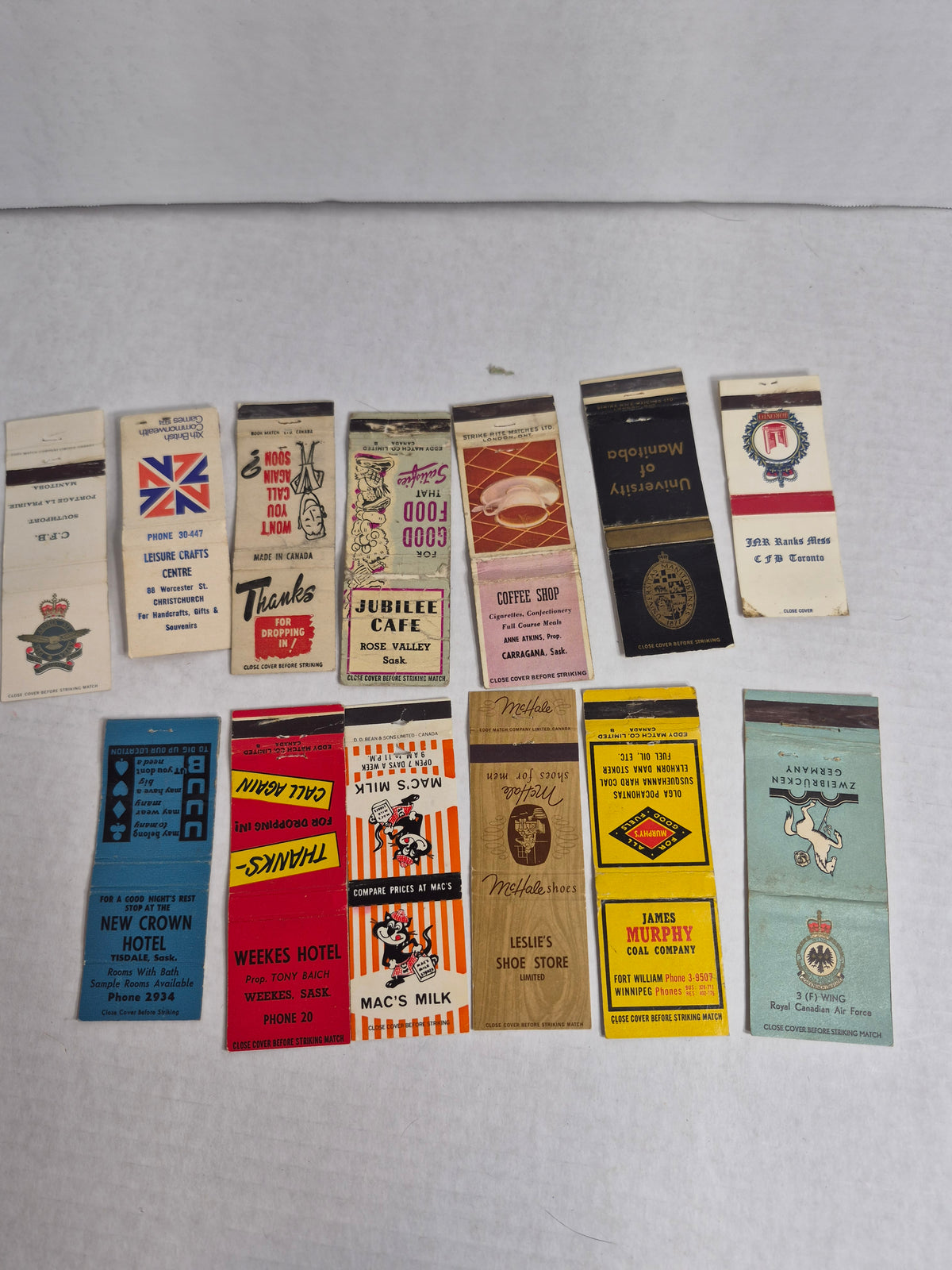 Vintage Matchbook Covers, Lot of 13 – Saskatchewan Hotels & Cafes, RCAF & CFB Military, University of Manitoba, Mac's Milk, 1974 Commonwealth Games