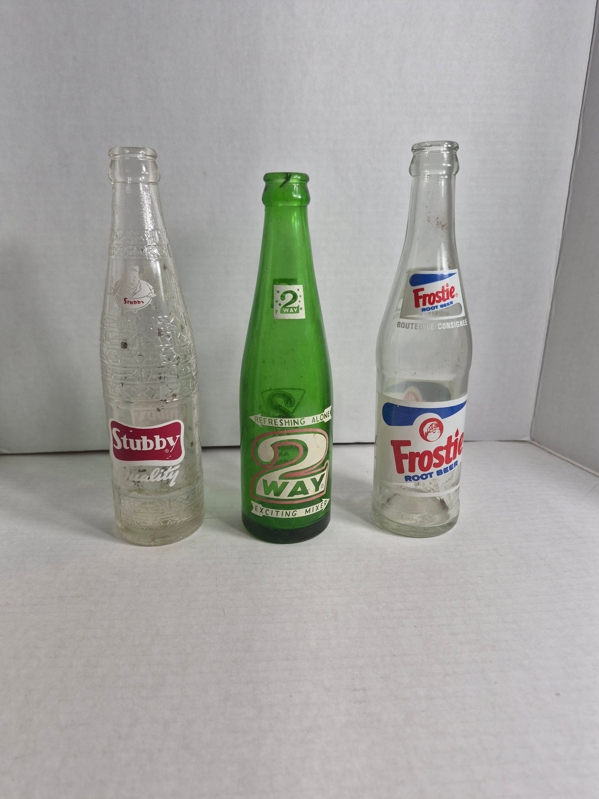 Vintage Soda Bottle Lot of 3 – Stubby, 2 Way and Frostie Root Beer – ACL Canadian Pop Bottles