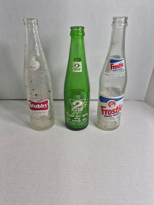 Vintage Soda Bottle Lot of 3 – Stubby, 2 Way and Frostie Root Beer – ACL Canadian Pop Bottles