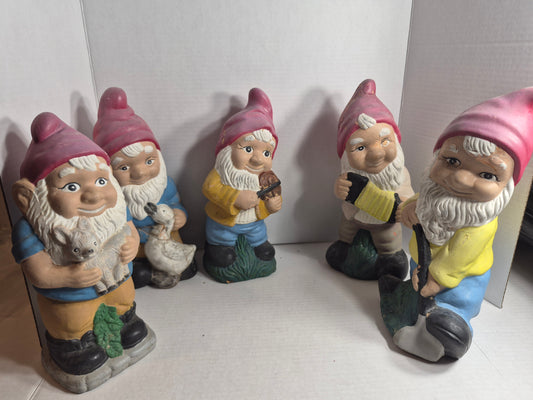 Garden Gnomes Lot of 5 – Vintage Painted Ceramic Gnomes – Dog, Goose, Violin, Accordion and Shovel – About 5 x 11 Inches Each